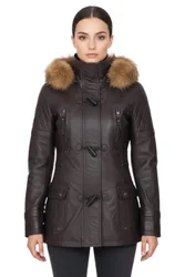 Women's Lamb Leather Quilted Parka Fur Hood Jacket- Duchess in Brown Size: 12 - Brown - Size: 12