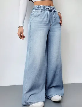Jeans de cintura alta y pierna ancha para mujer, pantalones rectos casuales con cintura elástica, azul agua, verano, ropa de calle, ropa para escapad - Shein - FashionsVida