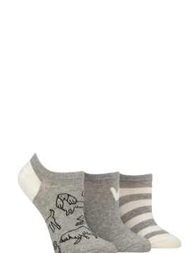 Women's 3 Pair Patterned Cotton Trainer Socks Dogs Light Grey 4-8 - Multi Coloured - Size: Small - Caroline Gardner - FashionsVida