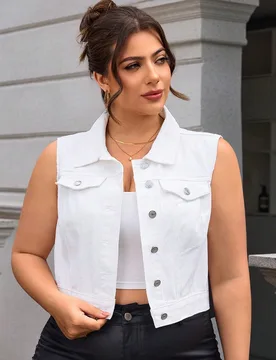 Chaqueta de Mezclilla sin Mangas Talla Grande, unicolor Moda Adecuada para Vacaciones de Verano Todo Blanco Casual Normal 3XL - Shein - FashionsVida