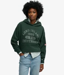 Superdry Damen Baumwolle Logo Druck Athletic Essentials Hoodie In Lockerer Passform, Dunkelgrün, Größe: 42