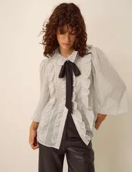Polka Dot Collared Tie Neck Ruffle Blouse White Mix female