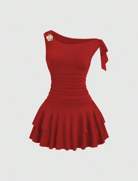Vestido con tirantes ajustados, decoración floral y ribete de volantes para mujer S - Shein - FashionsVida