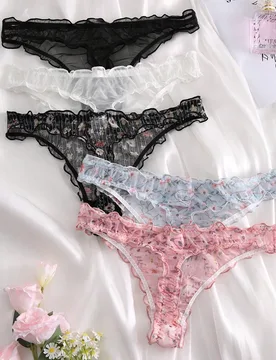Paquetes Tanga lencería sexy con decoración de lazo de encaje floral M - Shein - FashionsVida