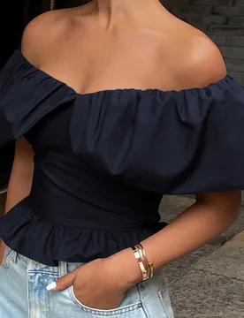 Blusa corta elegante de unicolor sin tirantes y con volante en el bajo para mujer, top de salida de verano S - Shein - FashionsVida