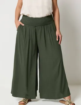 Women's Shirred Wide Leg Trousers in Olive Size: 26-28R - Olive - Size: 26-28R - Yours - FashionsVida