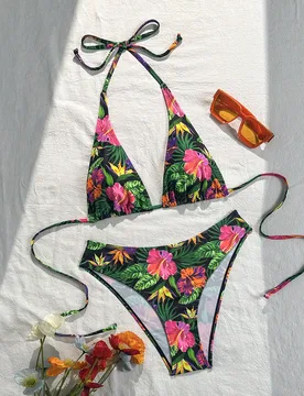 Conjunto de traje de baño de dos piezas con cuello halter y estampado floral aleatorio para mujer, casual de verano para vacaciones en la playa XXL - Shein - FashionsVida