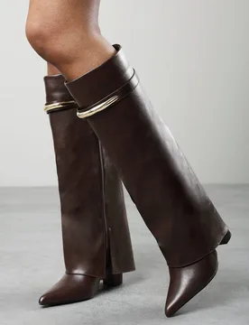 Women's Nareva Fold Over Shark Block Heel Point Toe Boots With Trim Detail in Brown Size: 5 - Brown - Size: 5 - Where's That From - FashionsVida
