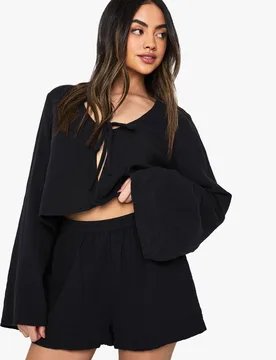 Womens Cheesecloth Elasticated Waist Shorts - Black Cotton - Size 6 Uk - Boohoo - FashionsVida
