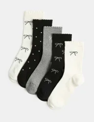 Pack Cotton Rich Bow Socks (6 Small-7 Large) Black Mix Female
