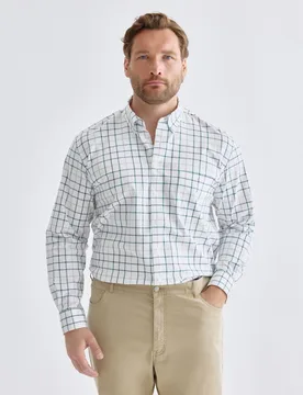 Camisa de tallas grandes de twill algodón stretch de cuadro fondo blanco - Dustin - FashionsVida