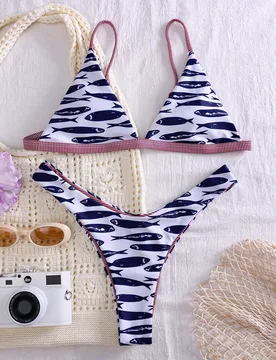Conjunto de bikini minimalista de uso diario con estampado de bloques de color 2025 S - Shein - FashionsVida