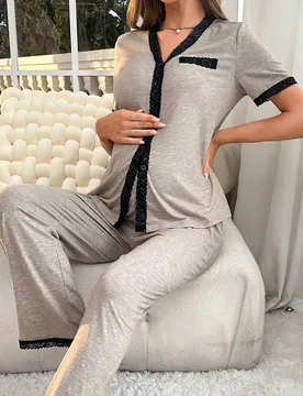 Conjunto de pijama/ropa de dormir con botones y ribete contrastante para maternidad M - Shein - FashionsVida
