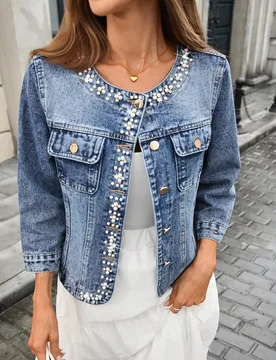 Chaqueta vaquera casual de mujer con cuello redondo y adornos de strass, para primavera L - Shein - FashionsVida
