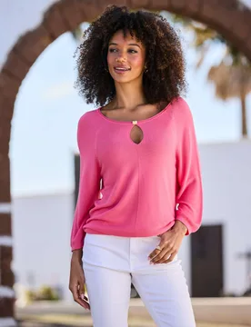 Boat Neck Cutout Relaxed Fit Jumper Pink female - Sosandar - FashionsVida