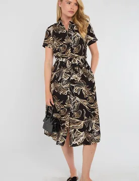 Women's Black Swirl Print Short Sleeve Midi Shirt Dress Size: 12 - Black - Size: 12 - LOVE SUNSHINE - FashionsVida