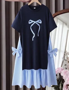 Vestido para niña adolescente azul marino a rayas con patchwork, lazo y cuello redondo, manga corta, Body principal azul marino con patchwork lateral - Shein - FashionsVida