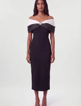 Womens Taffeta Bardot Figure Form Maxi Dress - Monochrome Multi - Karen millen - FashionsVida