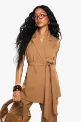 Womens Tie Waist Shoulder Pad Waistcoat - Mocha - Size 8 Uk