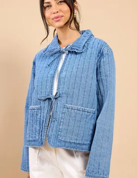 Women's Denim Quilted Tie Detail Jacket by Vicky Pattison in Blue Size: Large - Blue - Size: L - Little mistress - FashionsVida