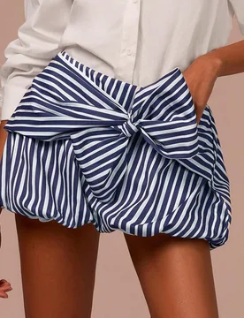 Falda de burbuja para mujer a rayas azules y blancas con lazo, casual y elegante, para fiesta de té, brunch, vacaciones en Bali, otoño XS - Shein - FashionsVida