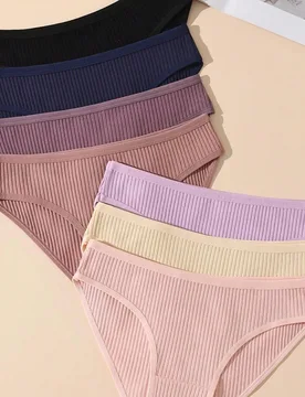 Paquete de 7 bragas de algodón acanalado de cintura baja y multicolor para mujeres, cómodas, sencillas y de moda, ropa interior suave y amigable con - Shein - FashionsVida