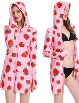 Women UPF 50+ Strawberry Sun Protection Jacket Sunscreen Hoodie Long Sleeve Quick Dry Hiking Outdoor Swim Cover - S - OLAOLA - FashionsVida