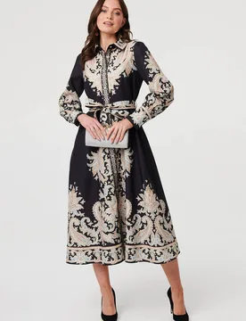 Women's Floral Border Tie Waist Midi Dress in Black Size: 14 - Black - Size: 14 - Izabel London - FashionsVida