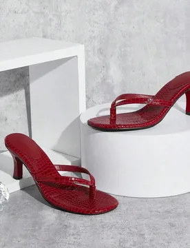 Sandalias de tacón fino de patente rojo cereza minimalista para mujer US9 - Shein - FashionsVida