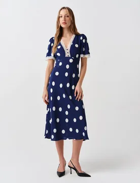 Crepe Spot Lace V-Neck Midi Tea Dress Navy Mix female - GHOST - FashionsVida