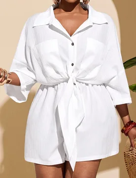 Set de 2 piezas de camisa de manga corta con hombros caídos, bolsillo y cordón y shorts casual, elegante y a juego para mujer talla grande - Nuevos - Shein - FashionsVida