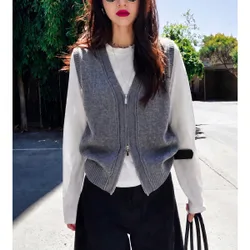 Chaleco de punto casual minimalista versátil con diseño de cremallera para mujer, otoño/invierno S