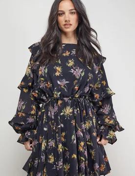 Womens Printed Ruffle Batwing Sleeve Mini Dress - Multicolour - Size 12 Uk - OASIS - FashionsVida