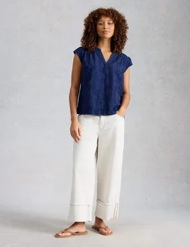 Pure Cotton Embroidered Notch Neck Blouse Blue female - White stuff - FashionsVida