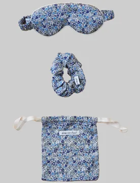 Ella Eye Mask Scrunchie Aster Patchwork Print Set In Blue - One Size - Lily and Lionel London Limited - FashionsVida