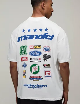 Herren Übergroßes Herren Sport Moto Abzeichen Print Oberteil White Größe Large - boohooMAN - FashionsVida