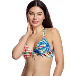 Top de bikini de mujer con escote halter y estampado tropical