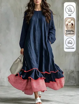Vestido de manga larga holgado con rayas azul marino & rojo en el bajo para mujer, estilo elegante y sofisticado, regalo de cumpleaños, cita, fiesta, - Shein - FashionsVida