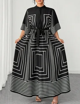 Vestido elegante de manga larga con cuello, cintura ceñida y falda evasé, a rayas geométricas en blanco y negro, talla grande, color negro 2XL - Shein - FashionsVida