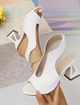 Elegantes zapatos de tacón alto geométricos cuadrados de mujer, sandalias de tacón alto con diseño de malla blanca abierta, adecuados para bodas, - Shein - FashionsVida