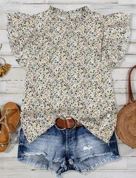 Blusa casual de mujer de manga corta con cuello alto, doble capa y volantes, con estampado floral pequeño en negro, para primavera/verano L - Shein - FashionsVida