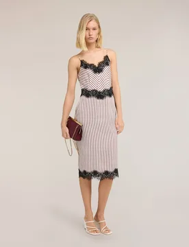 Vestido tubo de sarga con detalles de encaje largo midi tirantes finos ajustables - Motivi - FashionsVida