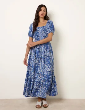 Womens Large Floral Printed Square Neck Puff Sleeve Dress - Size Small/medium - Blue Vanilla - FashionsVida