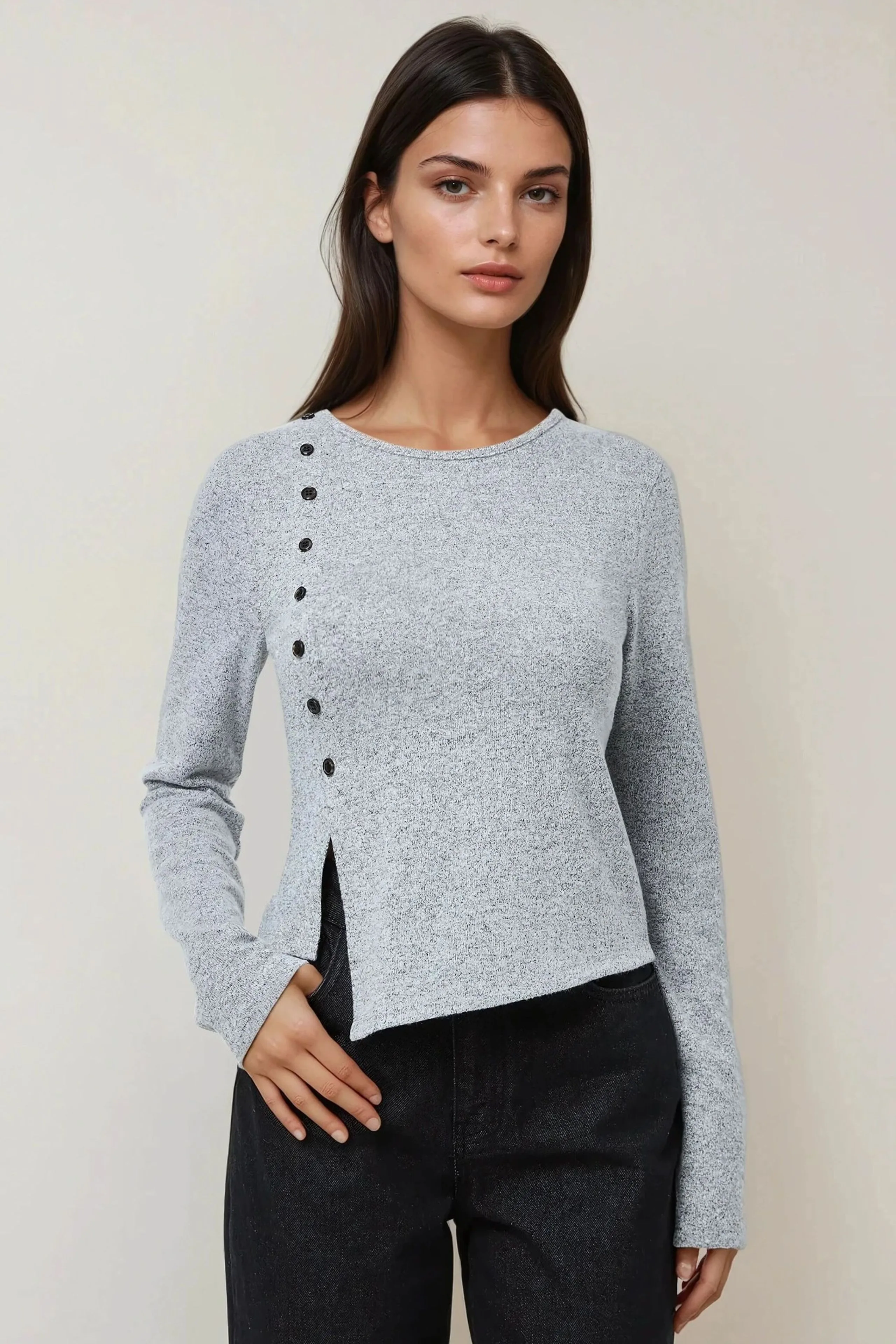 Womens Textured Long Sleeve Buttoned Slim Fit Top - Grey - Size X-Large - Hiccup - FashionsVida