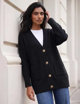 Ribbed V-Neck Button Front Longline Cardigan Black female - Roman - FashionsVida