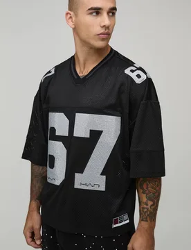 Herren Übergroßes Kastenförmiges Verziertes V-Ausschnitt Baseball Sport Oberteil Black Größe Medium - boohooMAN - FashionsVida