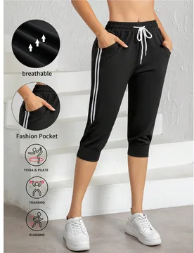 Leggings capri deportivos para mujer, ropa casual para correr, yoga, fitness, mallas a rayas blancas y negras para deportes de verano - Shein - FashionsVida