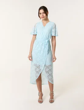 Lace Wrap Over Midi Dress - 16 / Light Blue - female - Blue Vanilla - FashionsVida