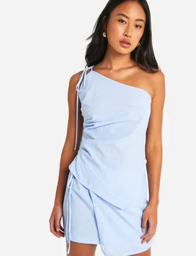 Womens Asymmetric Stripe Ruched Cami - Light Blue Cotton - Size 12 Uk - Boohoo - FashionsVida
