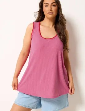 Women's Contrast Blanket Stitch Ribbed Vest Top in Pink Size: 22-24 - Pink - Size: 22-24 - Yours - FashionsVida